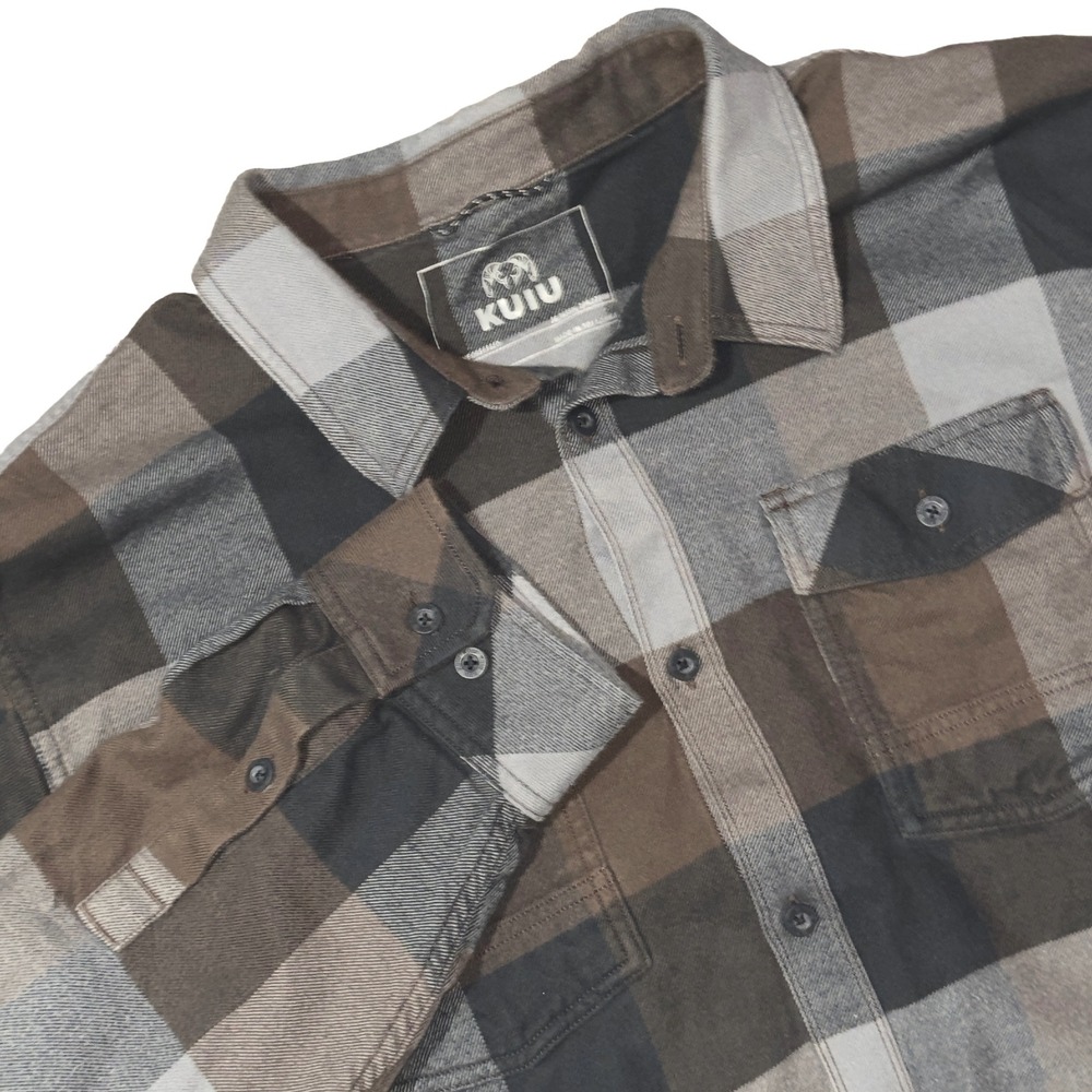 KUIU Mens Plaid Field Flannel Button Down Shirt Brown Grey Black 3XL Long Sleeve